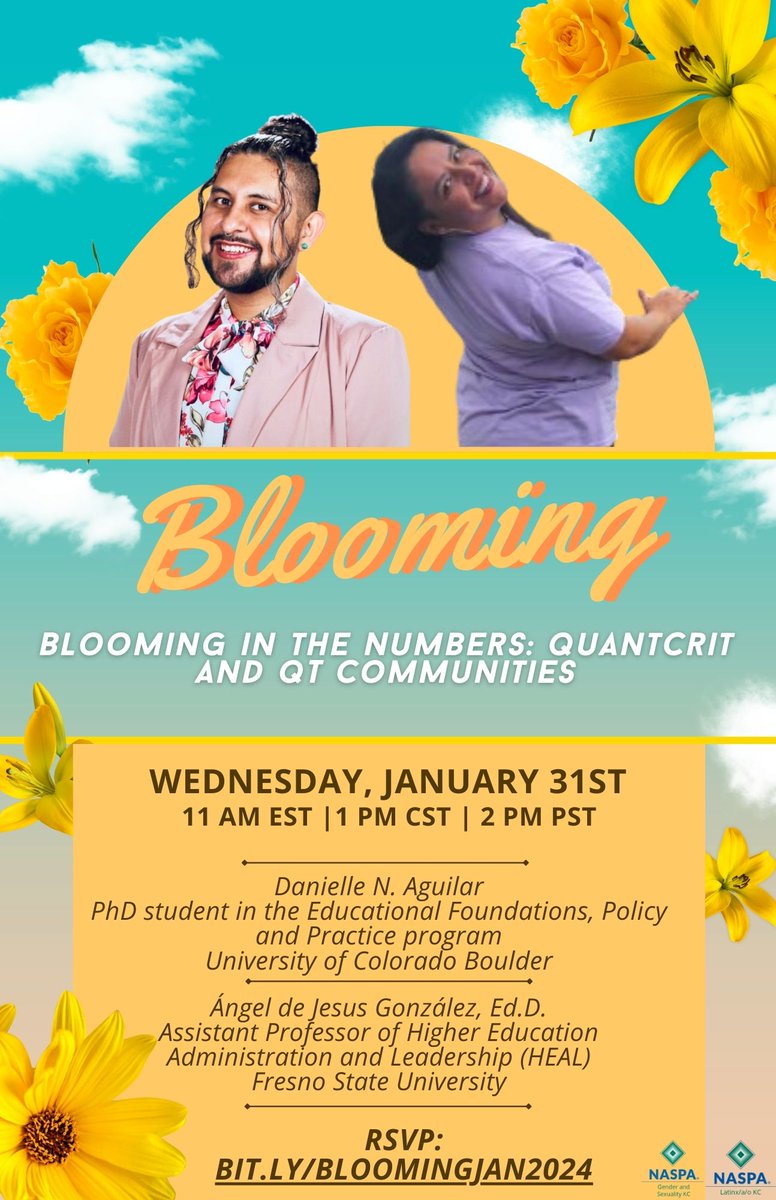 Join NASPA - Student Affairs Administrators in Higher Education GSKC and LKC Latinx Inclusion Co-Chairs for next installment of “Blooming” in community with other Trans &amp; Queer Latinx/a/o higher education professionals. RSVP Form: bit.ly/BLOOMINGJAN2024