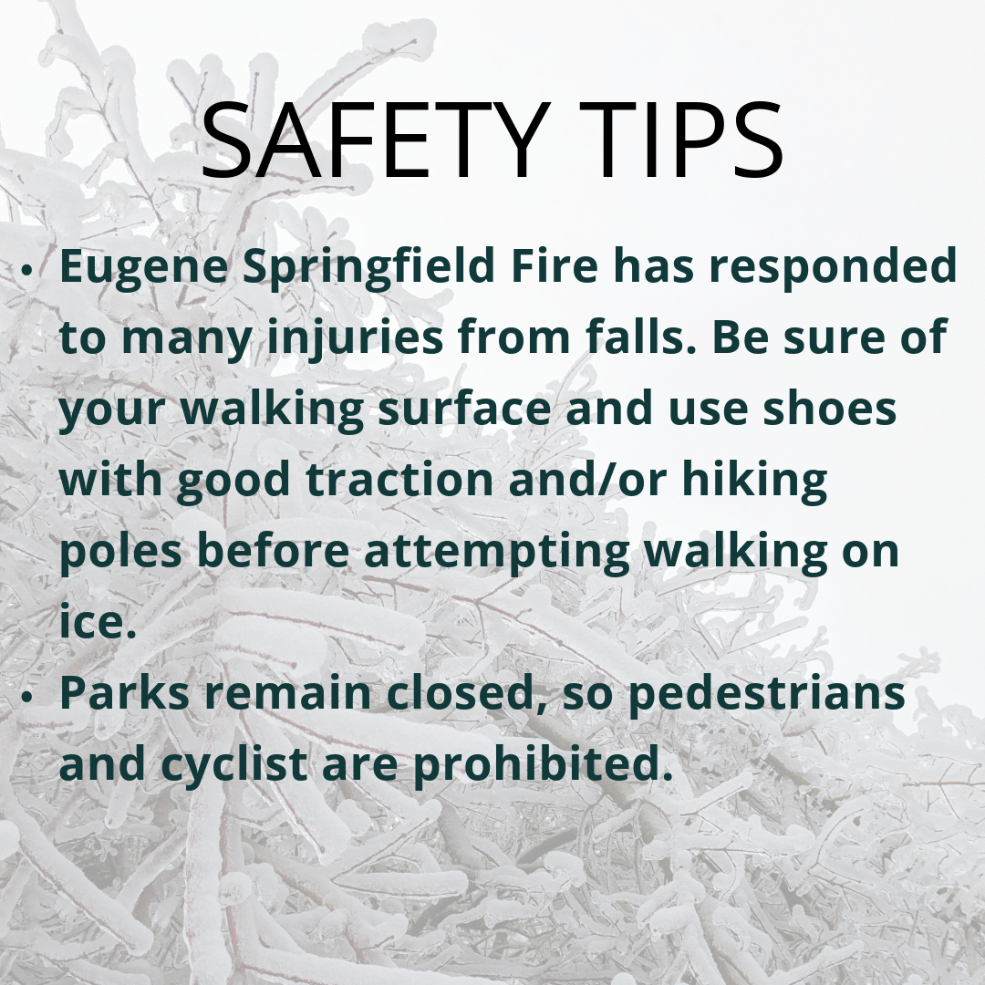 Community members should check in all directions before going outside; check the ground for ice, look above for possible danger from trees and power lines, and assess surroundings for anything that may have become unstable during the ice event.