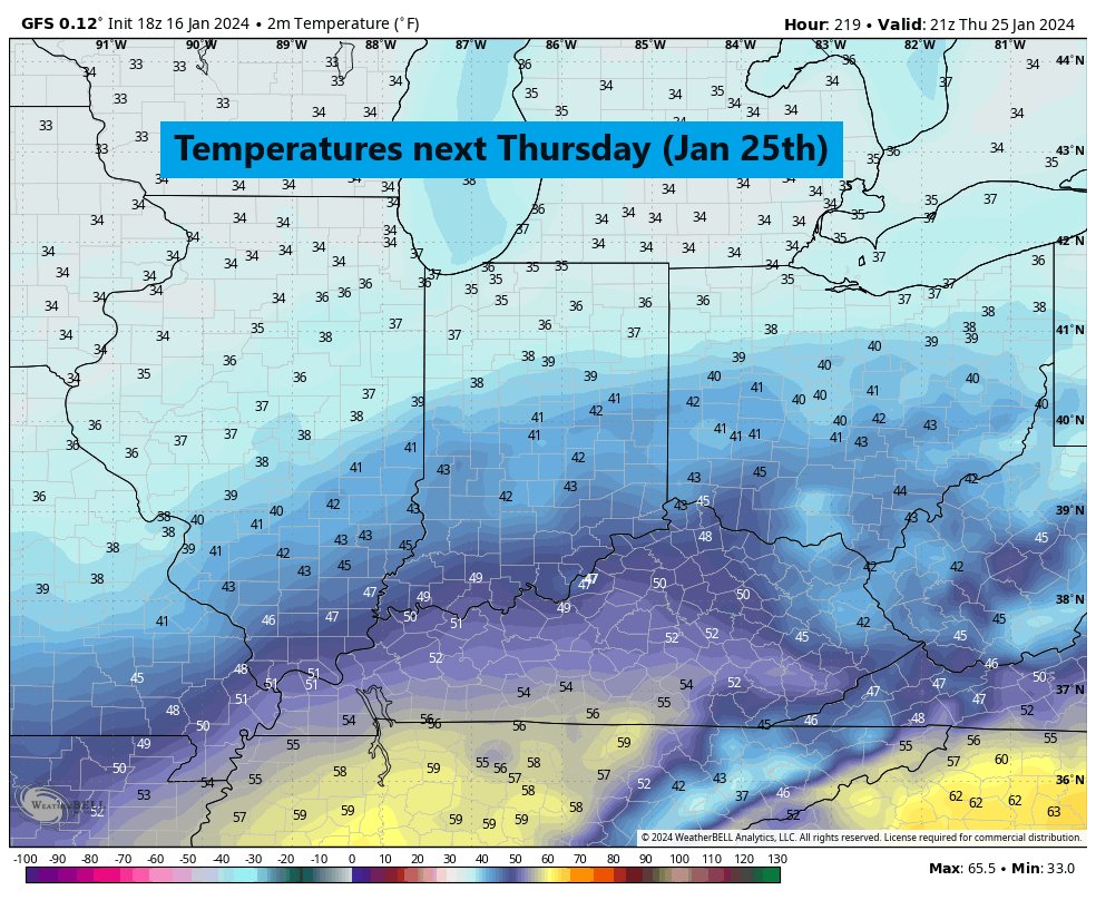 jessewalkerWTWO's tweet photo. Okay people who are asking for a warmer pattern.  How's this for a big change.  The GFS model forecast temperature for this Sunday morning and the following Thursday (Jan 25th).  That's a nearly 50 degree jump in the temp!  How's that sound to ya? https://t.co/YXkABIvPpc