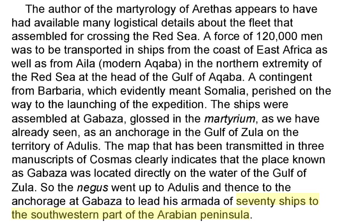 franz_kassa's tweet photo. (1/n) I've done some reading and managed to figure things out...

This source says that 70 ships were assembled near Adulis for the Axumite invasion of Himyar (Yemen). No mention of borrowing ships from Byzantium.

Source: "The Throne of Adulis: Red Sea Wars on the Eve of Islam" https://t.co/ss9XwNQsBZ