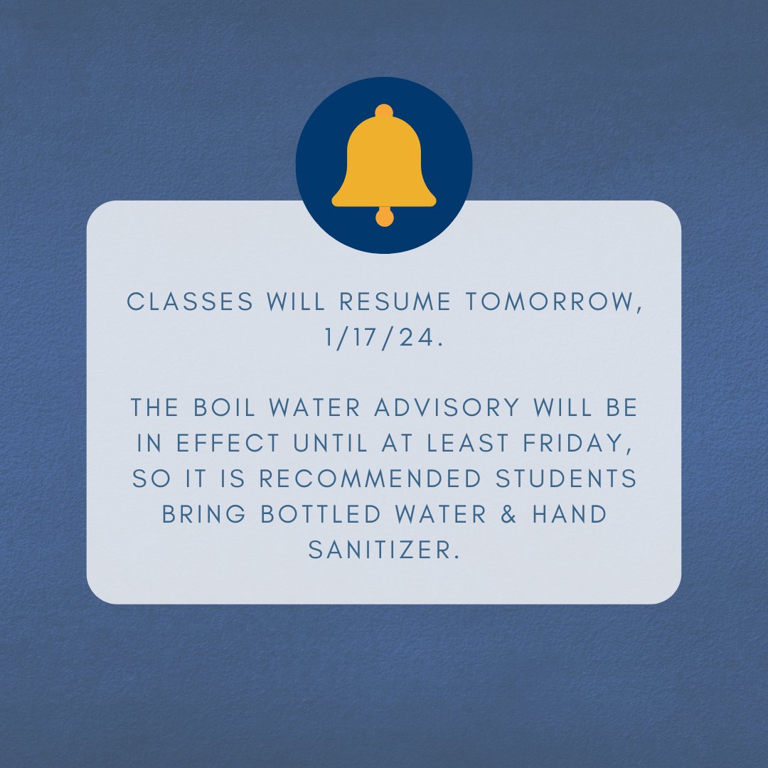 Washburn will resume classes tomorrow (1.17. 2024). 

A Boil Water Advisory remains in effect for the city of Topeka until at least Friday, so it is recommended that students bring bottled water and alcohol-based hand sanitizer.