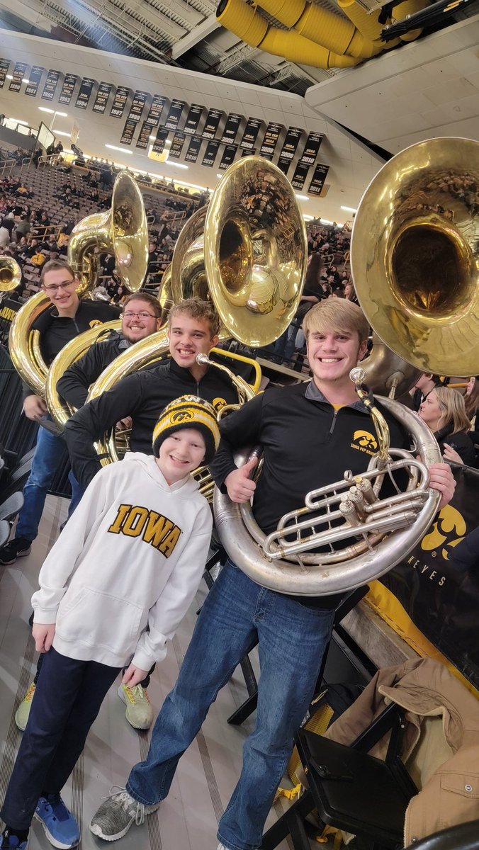 KMStanger's tweet photo. I'm excited for my first in person college sporting event ever. Let's Go Hawks!! Sousaphones rule!!
#fightforiowa 
@IowaWBB https://t.co/hIVkxhptq0
