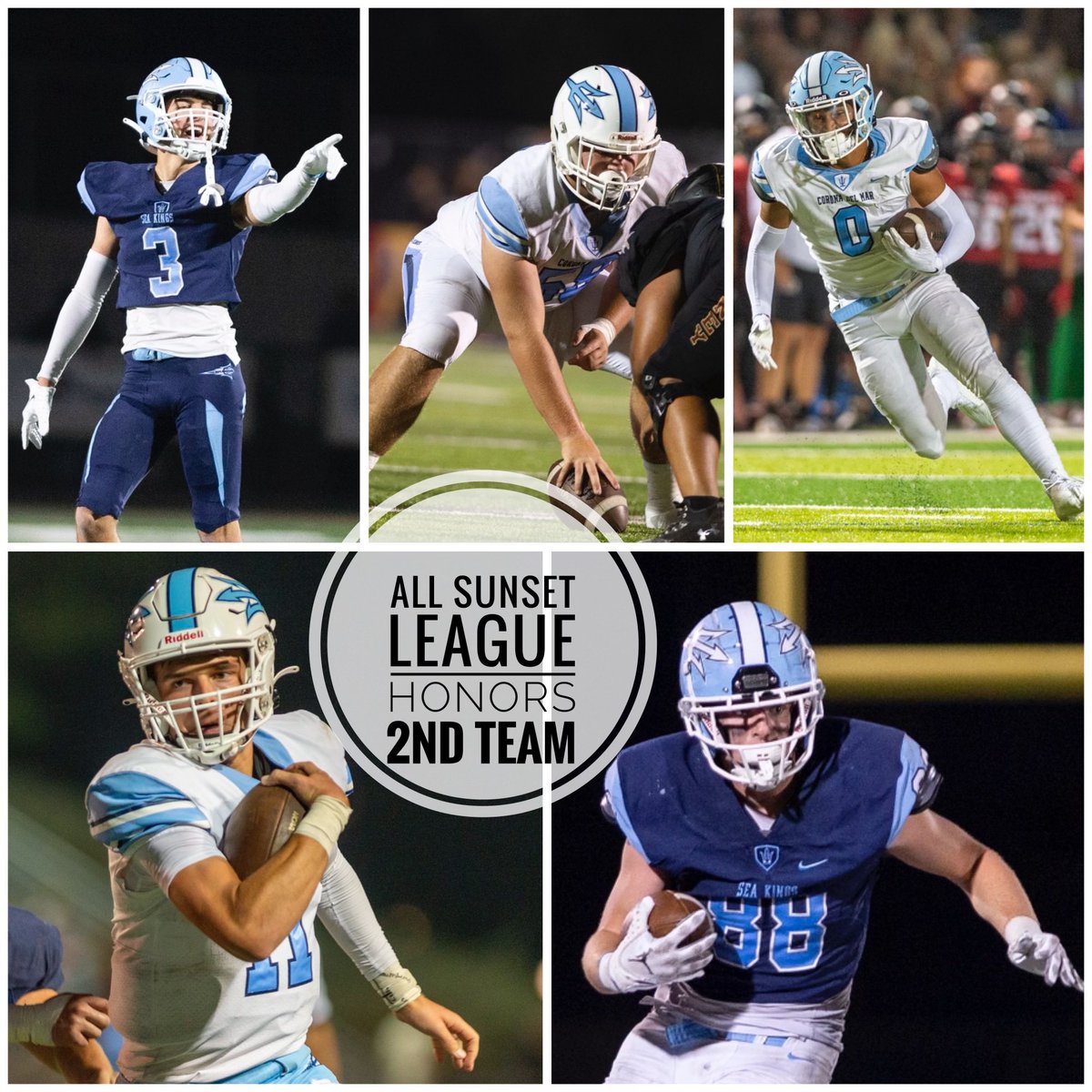 Congratulations to our All Sunset League 2nd Team Honorees! #3: Thomas Telesco #58 Jacob Bouda #0: Dorsett Stecker #11: Kaleb Annett #88: Breck Clemmer Photos : David Woolbert #sunsetleague #cifssfootball #goseakings🔱 #socalfootball #highschoolfootball #brotherhoodAU