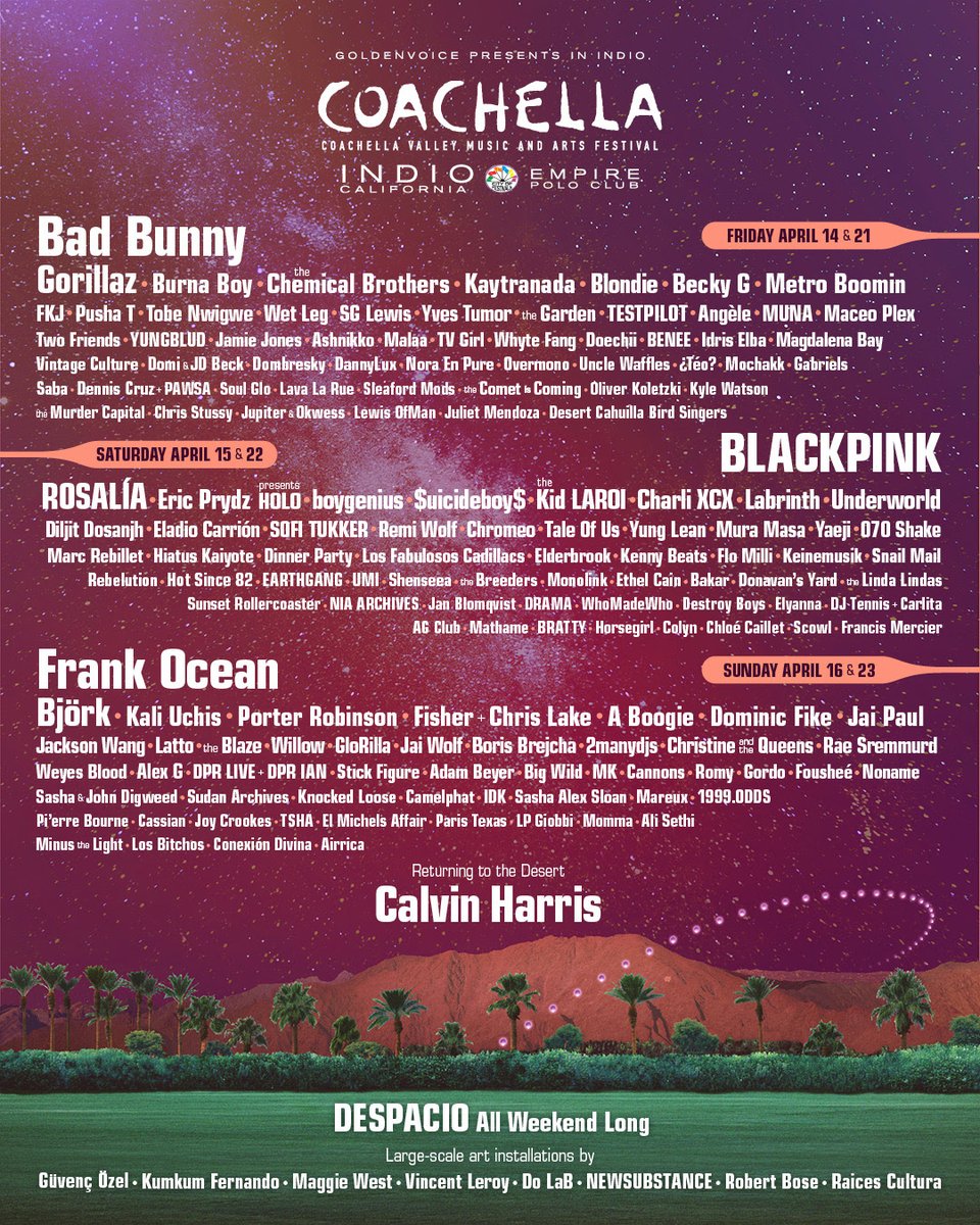 atinyramble's tweet photo. I compared the 2024 coachella lineup with the 2023 lineup. ateez is billed 7th, so I looked at the setlist for the 7th billed artist for 2023, and they had 13 songs. same thing for the 7th billed artists the next day too! https://t.co/b6kYfgjqZU