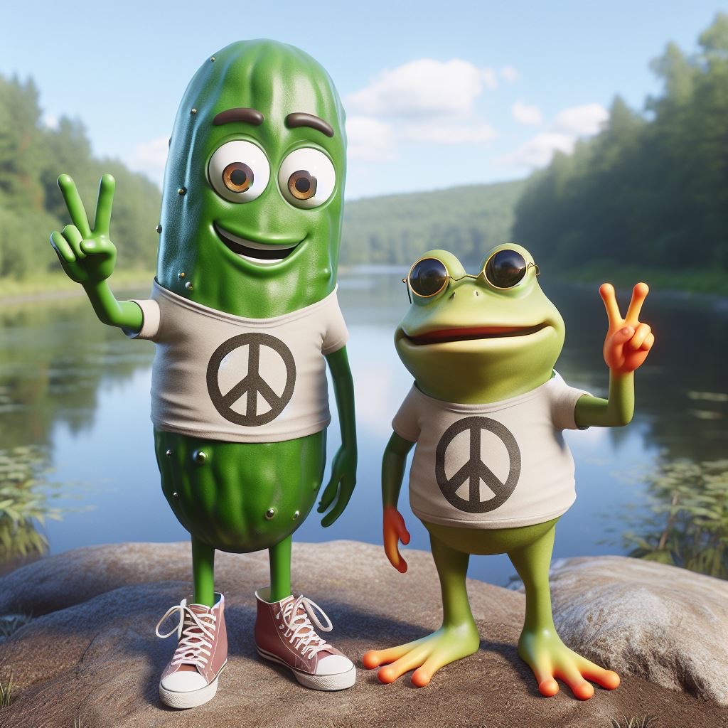HopefulCafe's tweet photo. #Aibsurd #comics 

#imagine a #conscious #pickle and a talking #frog sharing a message of #peace. 

#novel #first #sentences #journal #prompt #WritingCommunity #inspire #creat #share #life #absurd #walden #journey #Quest https://t.co/vxl0vIIiFA