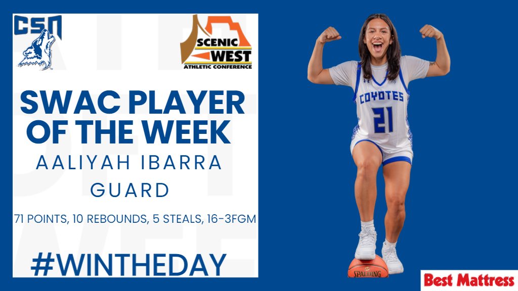 CSN_WBball's tweet photo. The Coyote Family is 🔥🔥🔥 up to congratulate Aaliyah Ibarra on being named Scenic West Athletic Conference Player of the Week January 15, 2024. Aaliyah was unconscious behind the arc this past week, burying sixteen 3FG on her way to 71 PTS, 10 REB & 5 STL.
🐺🏀🎯🪣 #SniperAlert https://t.co/H23ieq1puA