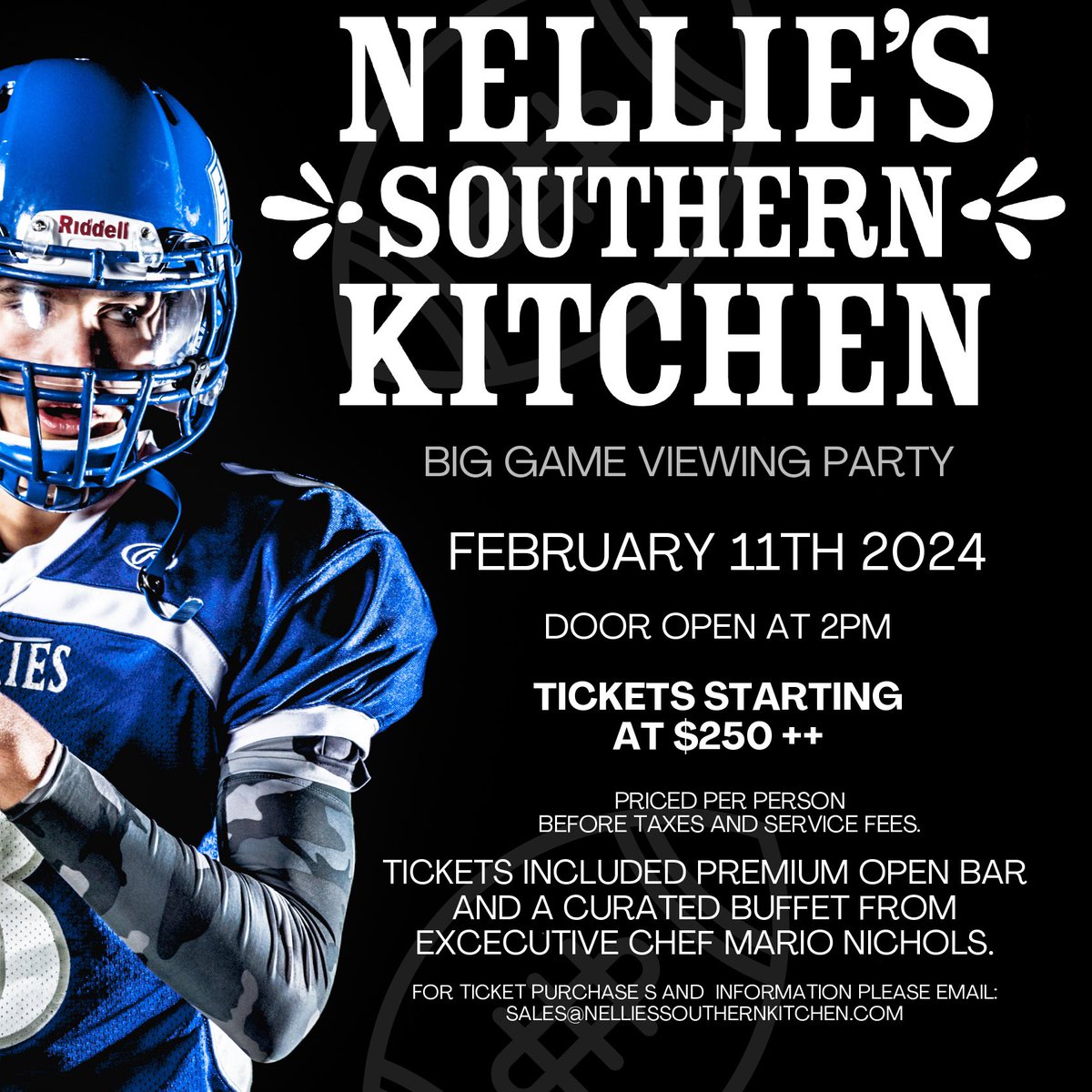 It’s almost time! 🏟️ Join us at NSK Las Vegas as we celebrate the big game 🏈 to purchase tickets email sales@nelliessouthernkitchen.com