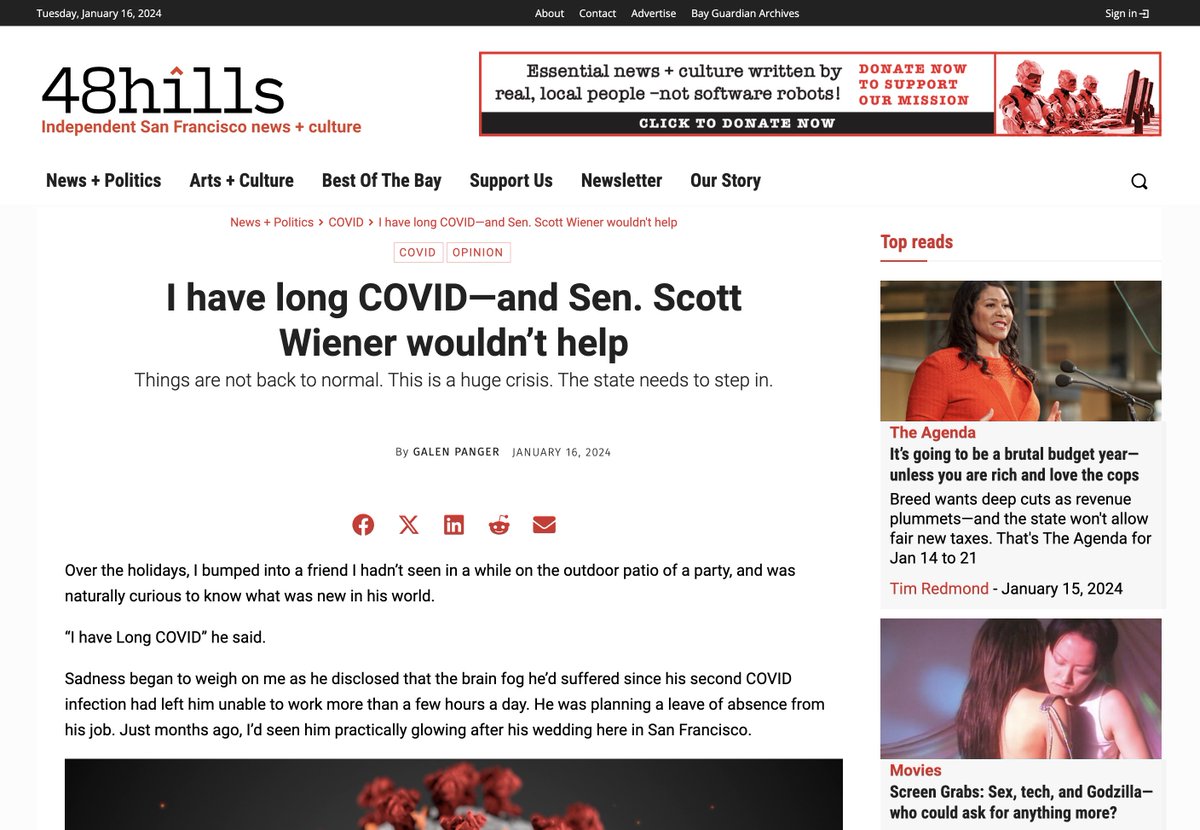 Even some of the most progressive politicians—yes, even the ones who talk of the 'lessons of HIV'—are silent on #LongCovid. My story: 'I have long COVID—and Sen. Scott Wiener wouldn’t help.' 48hills.org/2024/01/i-have…