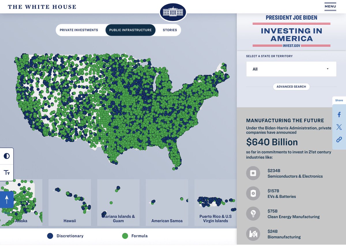 What has Joe Biden done? Every dot on the map is an infrastructure project. Go to the website for the interactive version. #BuildBackBetter #Biden2024 whitehouse.gov/invest/?utm_so…