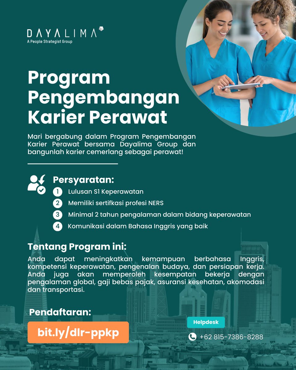 Halo Nurse, Ingin bekerja di luar negeri dan membangun karier yang cemerlang sebagai perawat?

Mari bergabung dalam Program Pengembangan Karier Perawat!

Pendaftaran dapat mengakses link bit.ly/dlr-ppkp 

#ProgramKeperawatan #Perawat #LokerPerawat
#DayalimaRecruitment