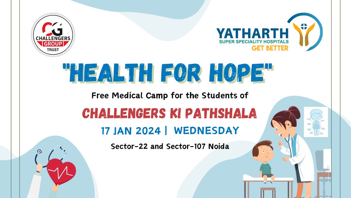 Your health matters, and we're here to support!! 👩‍⚕️❤️🙌
Organizing a free medical camp in collaboration with #Yatharth_Hospital for the well-being of the students of Challengers Ki Pathshala. 
#supporters #CSR #MedicalCamp #wellbeing #healthandhygiene #Challengers_Group
