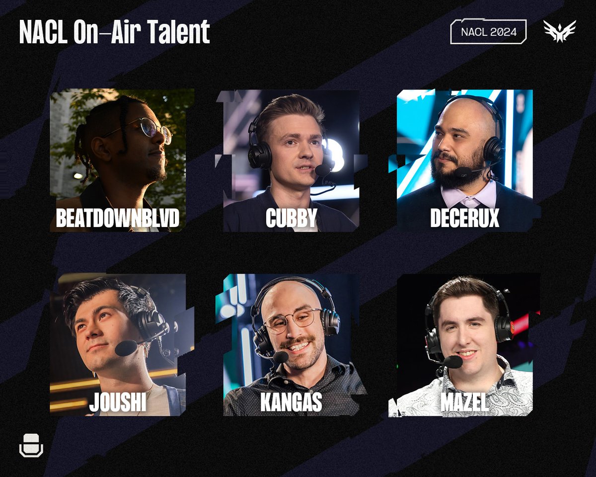 watchNACL's tweet image. Meet the talent bringing you all the #LCS Challengers action this split!

🎙️ - @BeatDownCasts 
🎙️ - @Cubbyxx 
🎙️ - @Decerux 
🎙️ - @Joushi_TV 
🎙️ - @KangasCasts 
🎙️ - @MazelCasts 

#PathToLCS