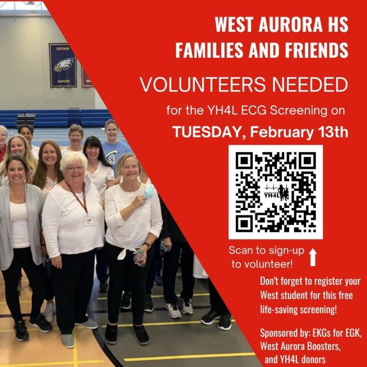 West Aurora High School is on a mission to identify previously undiagnosed heart conditions by offering free ECG screenings to high school students on Tuesday, February 13th, 2024. 

If you are interested in helping out, register to volunteer here! sd129.io/YH4LVOL2024
