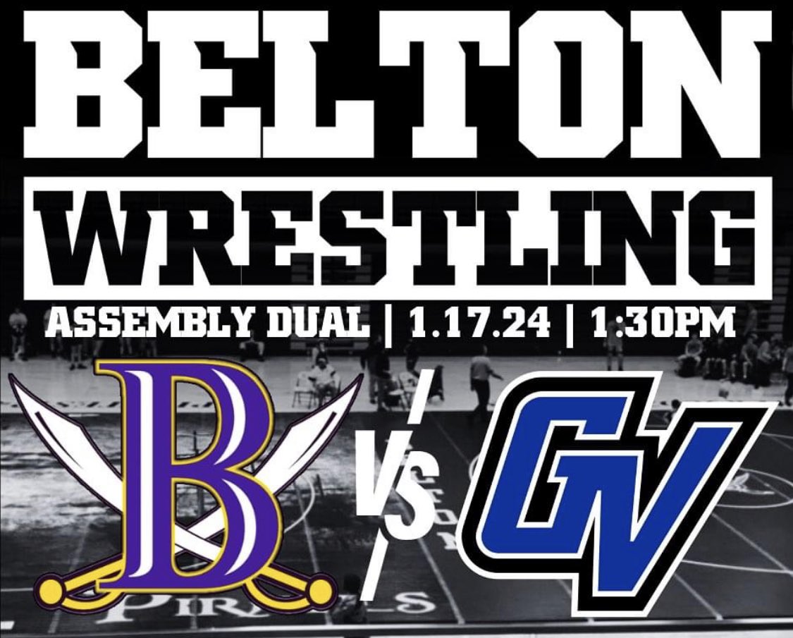 Tomorrow we will be wrestling Grain Valley during an assembly at 1:30.   The boys dual will be live streamed on our Belton Wresting Facebook account w/ Mike Hagerty and Bob Glasglow doing the commentary!  Girls dual will be live on the BHS Cutlass YouTube.