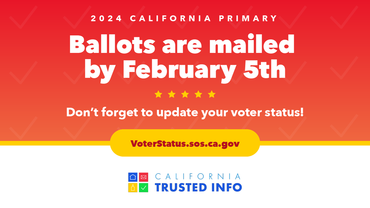 Once you receive your ballot you can vote and return it by mail or at a secure drop box location or vote in person at your county elections office. Make sure you’re ready! Verify your status: VoterStatus.sos.ca.gov #CATrustedInfo2024 #VoteCalifornia