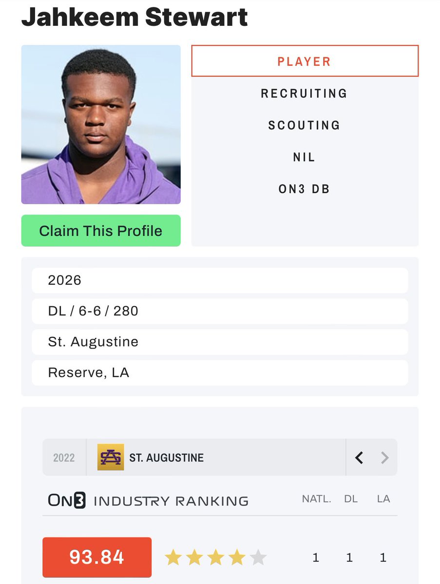 Congratulations @Jahkeem2026 For being reoffered and being named the #1 overall player in the country for the 2026 class today. The second time in school history @StAugnola has had the #1 player since @_fournette #GreatDayToBeAPurpleKnight⚔️ #2600 #DaAug