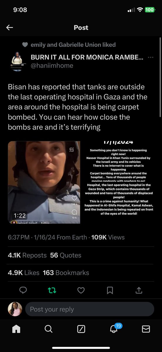 If you believe in anything, please pray for Gaza tonight.
They’ve surrounded the last functioning hospital in the Gaza Strip with Israeli tanks.

Bisan is making her last posts as she believes she may not survive.

SPEAK THE FUCK UP NOW