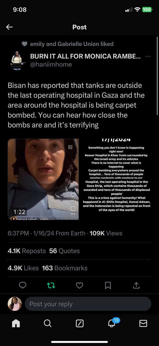 If you believe in anything, please pray for Gaza tonight. They’ve surrounded the last functioning hospital in the Gaza Strip with Israeli tanks. Bisan is making her last posts as she believes she may not survive. SPEAK THE FUCK UP NOW