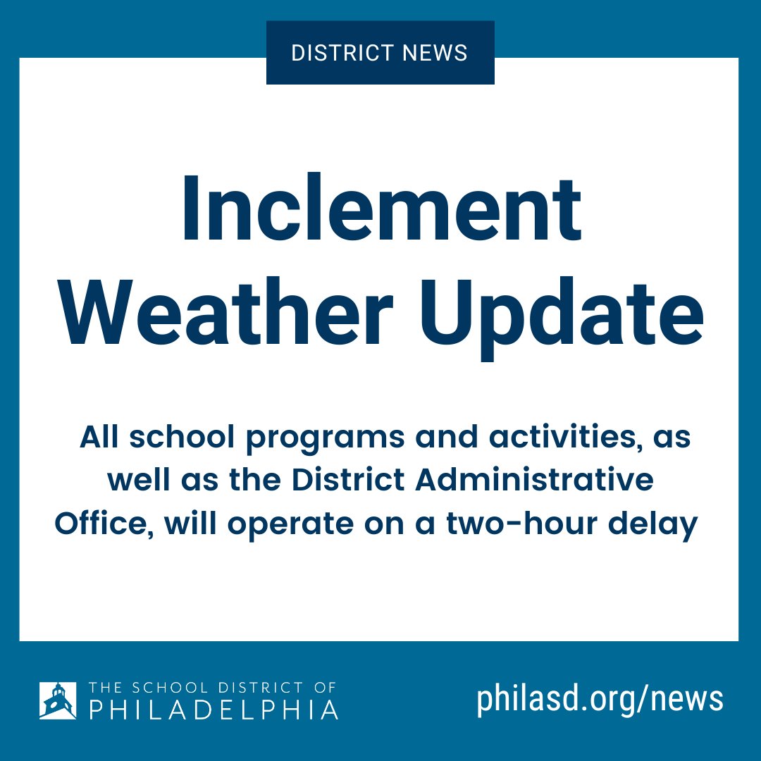 All school programs and activities, as well as the District Administrative Office, will operate on a two-hour delay. Late arrivals due to weather-related issues recorded tomorrow, January 17, 2024 will be excused. Please travel safely. Learn more: bit.ly/weatherupdatej…