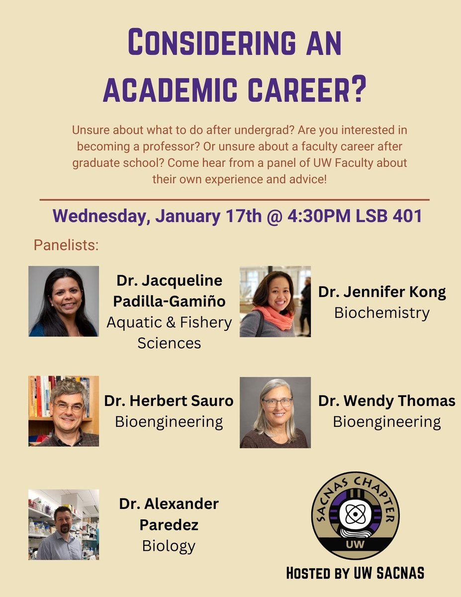 Are you an undergraduate considering a career as a faculty member? Check out tomorrow’s @UWSACNAS session on what’s it’s like to be a professor. Details below. @UWEnvironment @UW_SAFS @UW_SEFS @UWAtmosSci @SMEAatUW @MarineBiologyUW @UW_ESS @uwpoe @CIG_UW @FutureRivers @uwearthlab