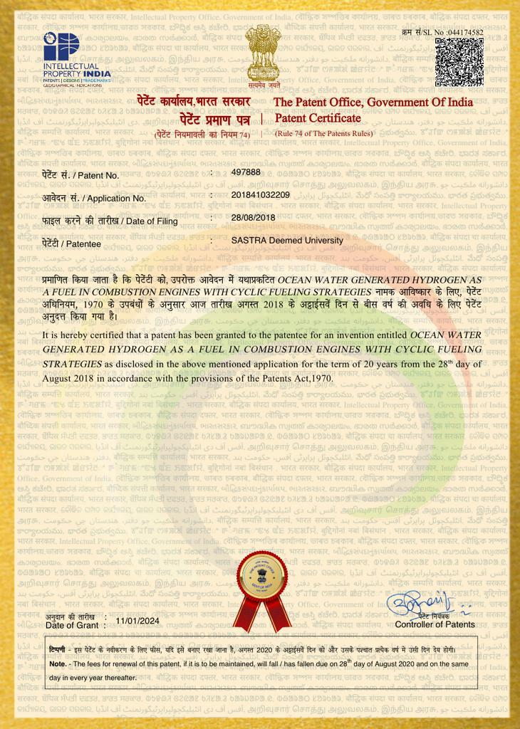 Congratulations to @SastraUniv team headed by Dr. Devaraj on securing a patent for the work on “Ocean water generated hydrogen as a fuel in combustion engines with cyclic fueling strategies.' This is huge with potential to transform the fuel-energy supply chain. @SVaidhyasubrama