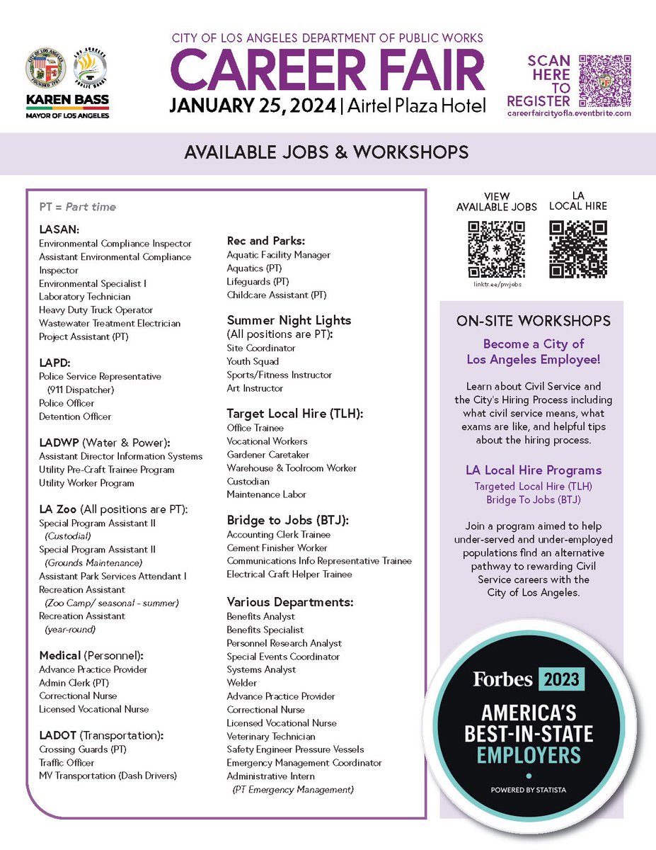 Career Fair Alert in Van Nuys! 📅 Jan 25, 2024 | ⏰ 9 AM - 3 PM | 📍 Airtel Plaza Hotel. Explore job opportunities, get on-site interviews for part-time positions, and connect with city departments. Free parking, public transport-friendly. Bring your resume! #CareerFair2024
