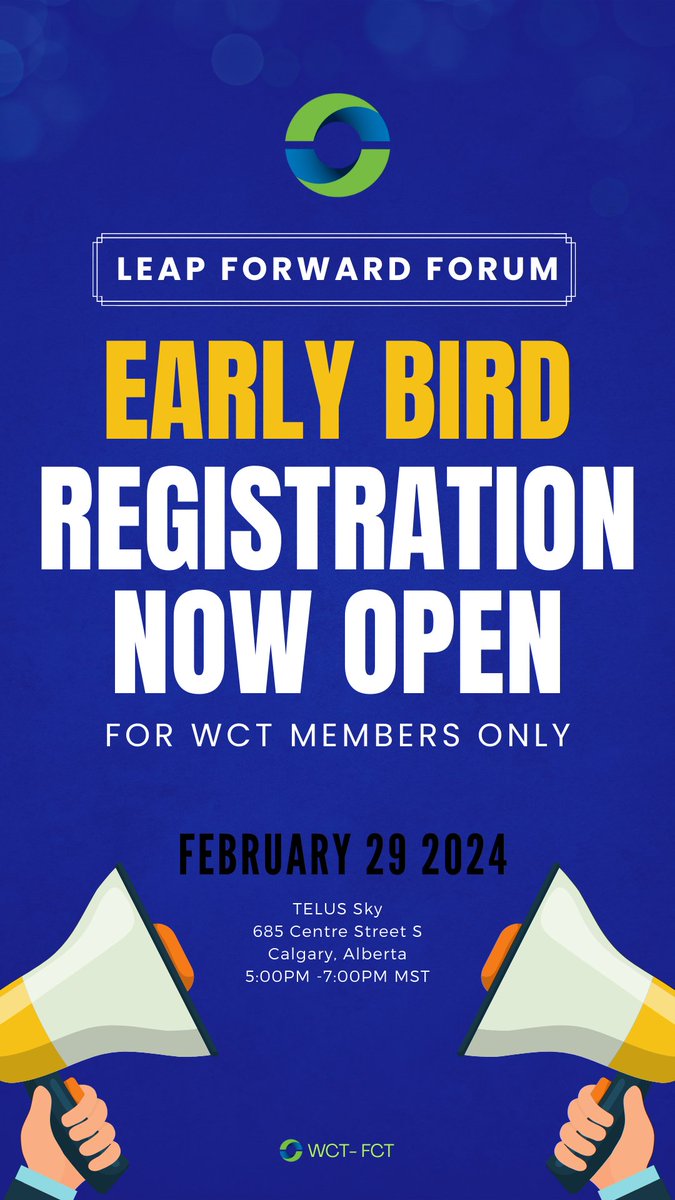 wct_ab's tweet photo. Calling all WCT Alberta members! The Leap Forward Forum early bird registration is open to members only. This event is free for WCT members! Sign up now in the member portal - just login at https://t.co/F6uPxZJfSx.

Curious about membership? Learn more at https://t.co/7clURXfwB8 https://t.co/PWKeSPSbAX