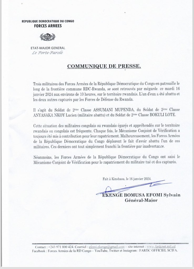 Ubuntu_RDC's tweet photo. #RDC
“ 3 militaires des FARDC en patrouille le long de la frontière commune RDC-Rwanda, se sont retrouvés par mégarde ce mardi 16 janvier 2024 aux environs de 10 heures, sur le territoire rwandais. L'un d'eux a été abattu et les deux autres capturés par les FDF.”
#UbuntuRDC https://t.co/dDgCLKb8Ol