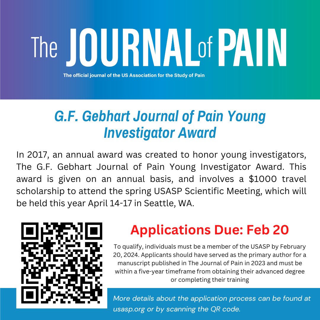 Seeking Applications for the G.F. Gebhart Journal of Pain Young Investigator Award @US_ASP - 1st author on a manuscript in @TheJournal_Pain published in 2023 - within 5 yrs of receiving advanced degree - see full criteria at usasp.org