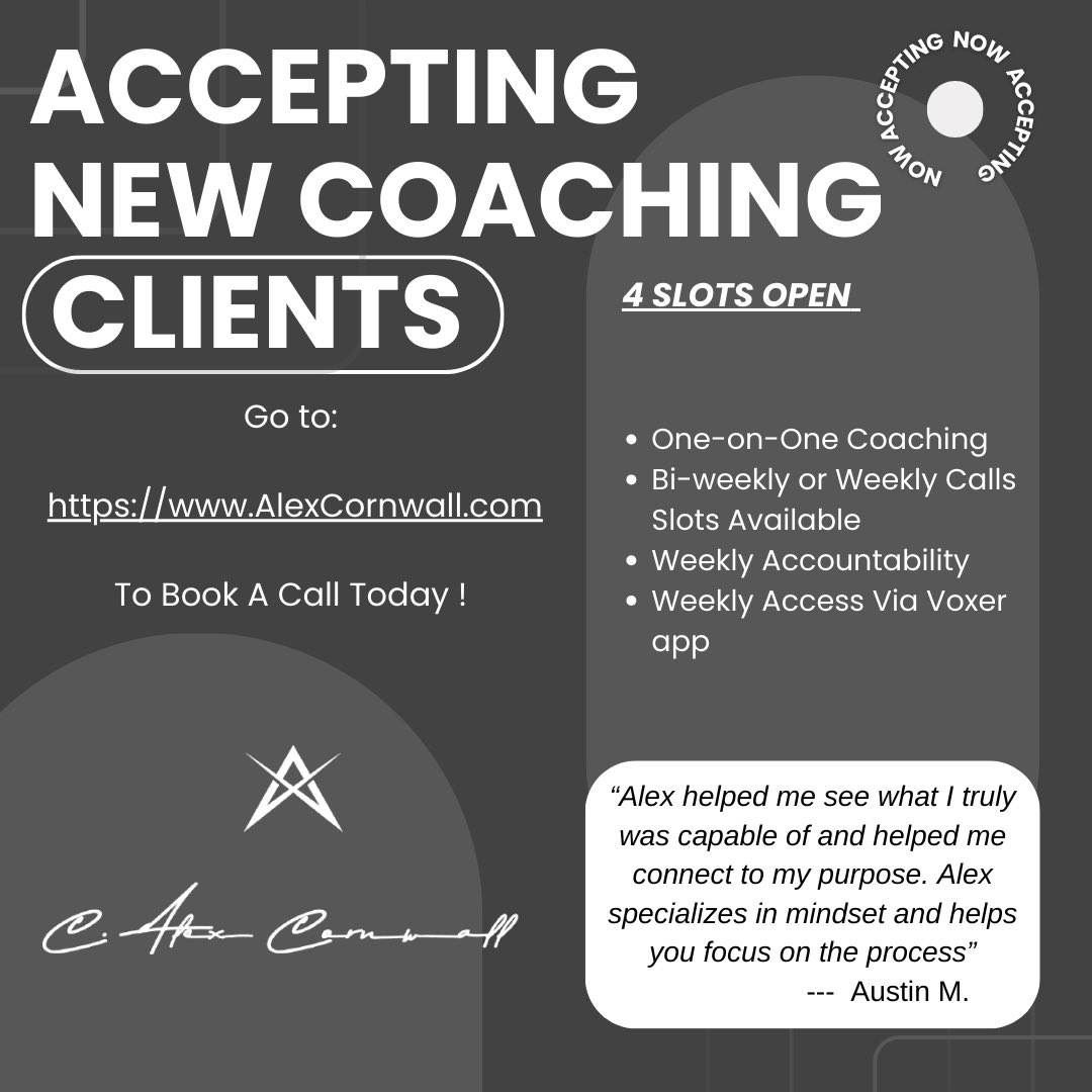 c_alexcornwall's tweet photo. COACHING SLOTS OPEN!

I’ve had a few spots open up for One-on-One Coaching! If you or someone you know is interested in making 2024 an even better year in all aspects of life please click the link in my profile to sign up for a Discovery call!
#coaching #Mindset https://t.co/0GVXIGdUaD