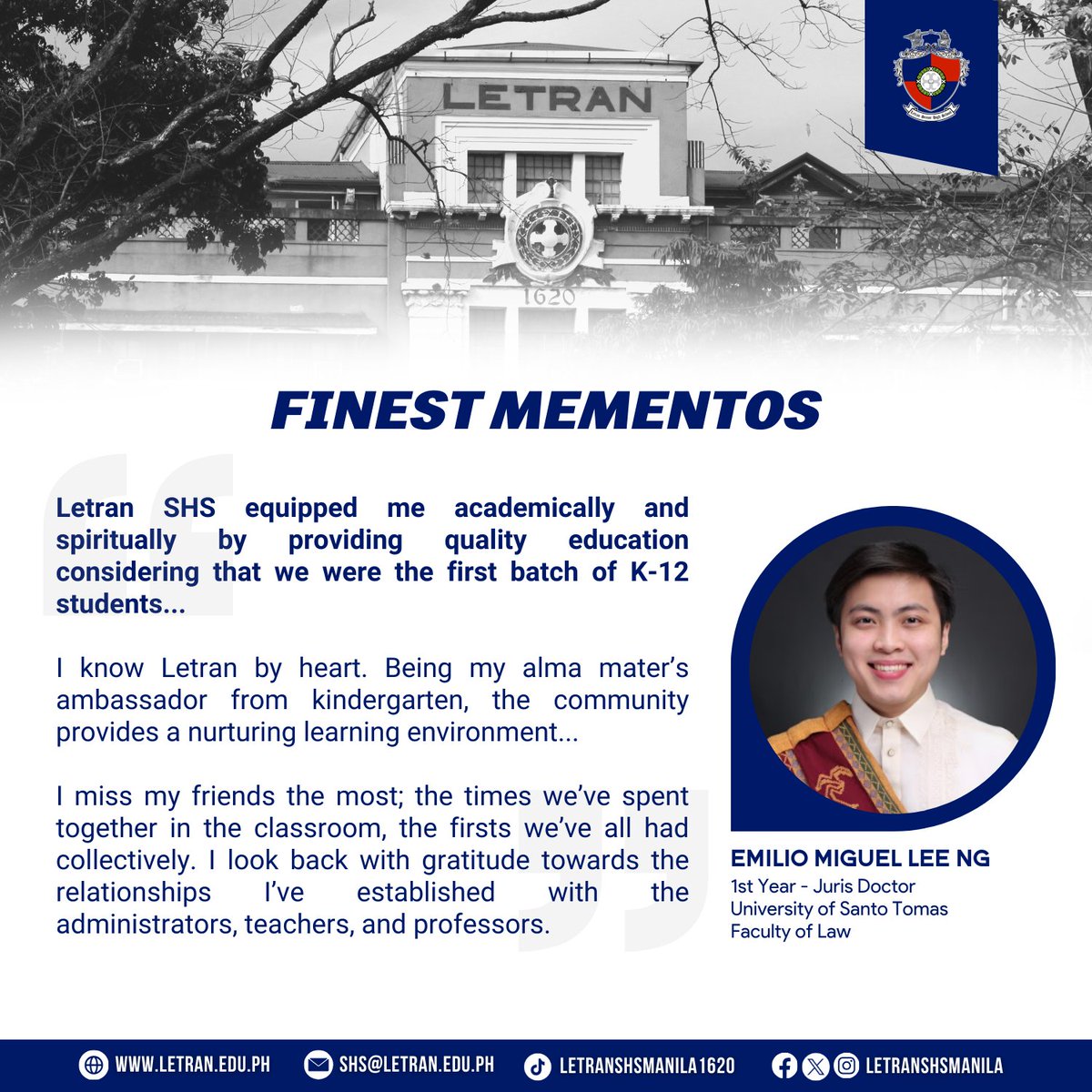 LetranSHSManila's tweet photo. 𝗙𝗜𝗡𝗘𝗦𝗧 𝗠𝗘𝗠𝗘𝗡𝗧𝗢𝗦

Meet Emilio Miguel Lee Ng, a product of Letran SHS. He graduated Magna Cum Laude with his Bachelor of Science in Tourism at UP Diliman. Now, he is taking his Juris Doctor at UST.

Be an SHS Letranite!

To apply, visit https://t.co/JjjEzsSCs7. https://t.co/QoBWgvQQfb