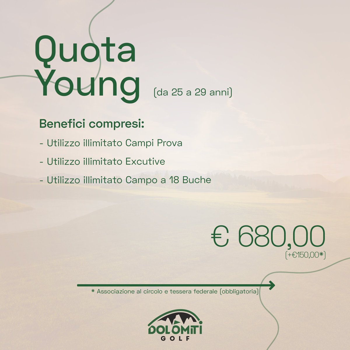 VUOI GIOCARE A GOLF? ⛳

Finalmente disponibili le nuove Quote 2024 del
Dolomiti Golf📍

Scopri subito le Quote di questo 2024🔜

La versione integrale sul nostro sito:
dolomitigolf.it🌐

Maggiori informazioni allo +39 0463 832698 oppure
scrivendo a info@dolomitigolf.it