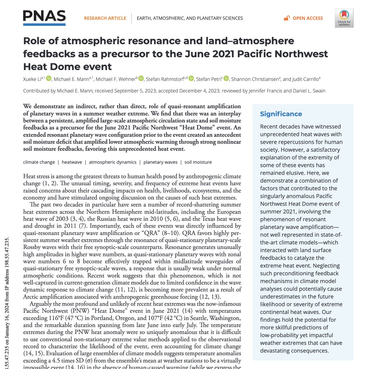 Our (@xueke_li, @MichaelFWehner, Stefan @rahmstorf Stefan Petri, @sh_christiansen, @juditcarrillo & yours truly) new article in @PNASNews showing the precursor role that atmospheric resonance played in the unprecedented 2021 Pacific Northwest 'Heat Dome' event