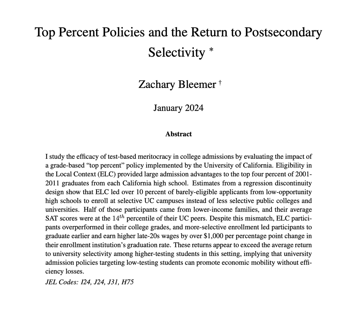 You know those policies that some universities have that admit the top X% of each high school in the state? They're really good for disadvantaged students. They increase graduation rates and annual salaries of disadvantaged students *a lot*. zacharybleemer.com/wp-content/upl…