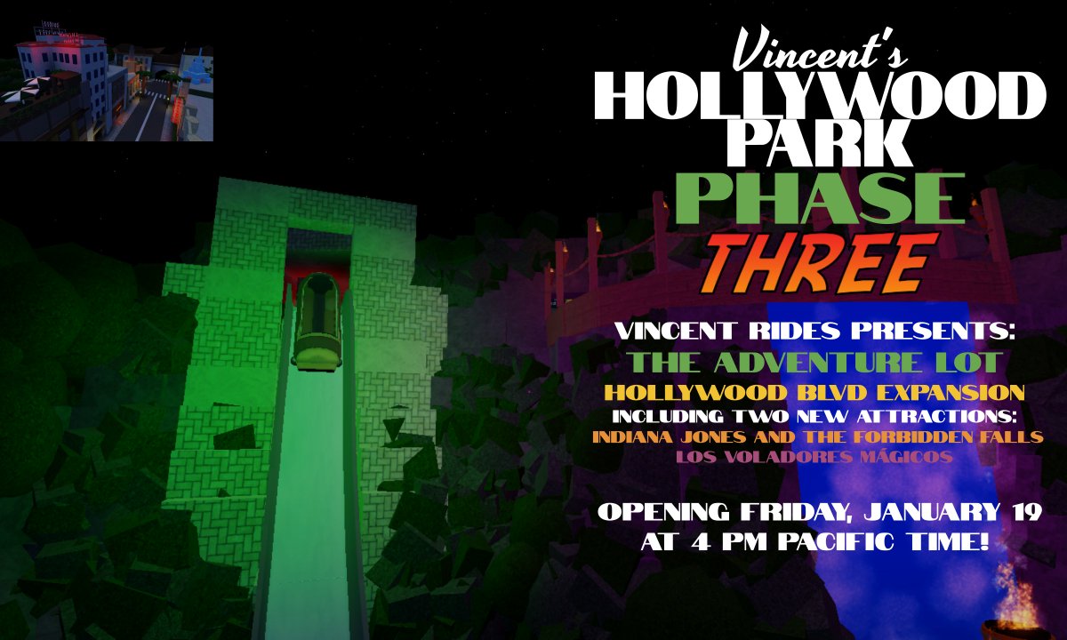 VincentRides's tweet photo. Update: Vincent's HOLLYWOOD PARK PHASE THREE: THE ADVENTURE LOT and the HOLLYWOOD BLVD expansion opens Friday, January 19 at 4 PM Pacific Time (PST) in the Vincent Rides TPT2 private server! We hope to see you there! https://t.co/aG1sq52tu6