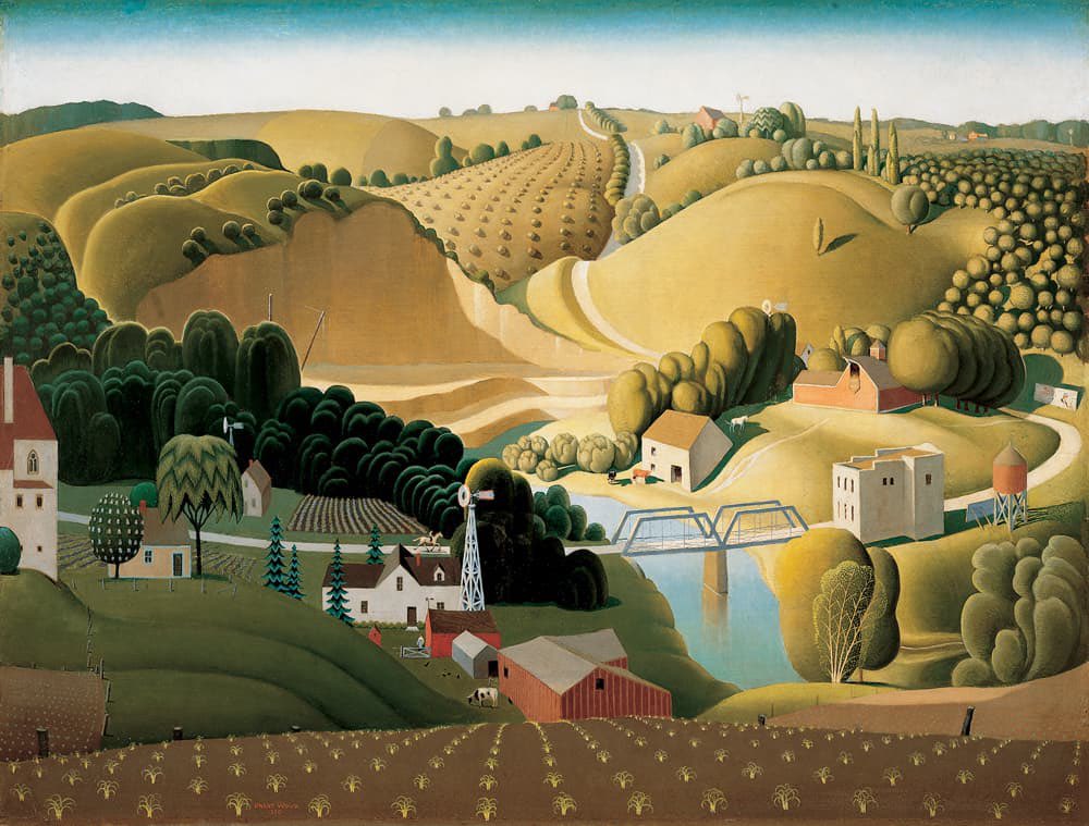jeryzner's tweet photo. #Maddow #WagnerTonight #LastWord #11thHour @SRuhle 
Traditional #Tuesday 

I’m OUT ! This hour offered absolutely nothing News worthy 
Nice to see everyone 

GN
Art Break Final #IowaArtist 
Grant Wood-“Stone City, Iowa”(1930) oil on panel 
Joslyn Art Museum; Omaha, Nebraska https://t.co/exOAbAMxhX