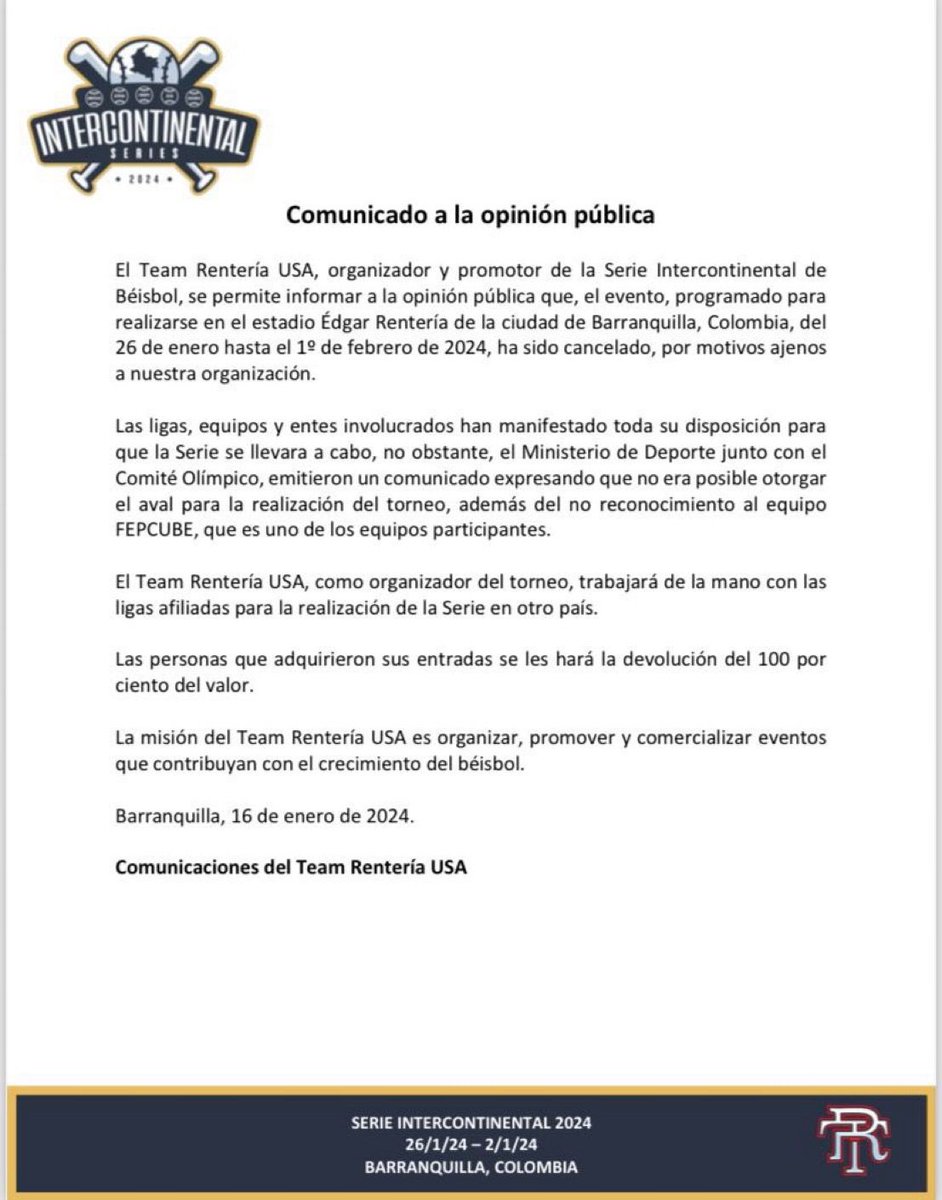 WRadioColombia's tweet photo. #DeportesW | La Serie Intercontinental de Béisbol Profesional programada en la ciudad de Barranquilla no se llevará a cabo. Esto ante la negativa del Ministerio del Deporte y del Comité Olímpico Colombiano para avalar la realización del torneo. https://t.co/NsAO4MW8OJ