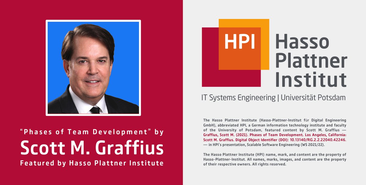 ScottGraffius's tweet photo. Hasso Plattner Institute @HPI_DE features my 'Phases of Team Development' work in their material on scalable software engineering.

🔗 https://t.co/orEpBqsyJF

#DigitalEngineering #UniversitätPotsdam #Software #SoftwareEngineering #ScalableSoftwareEngineering #HPI #Innovation