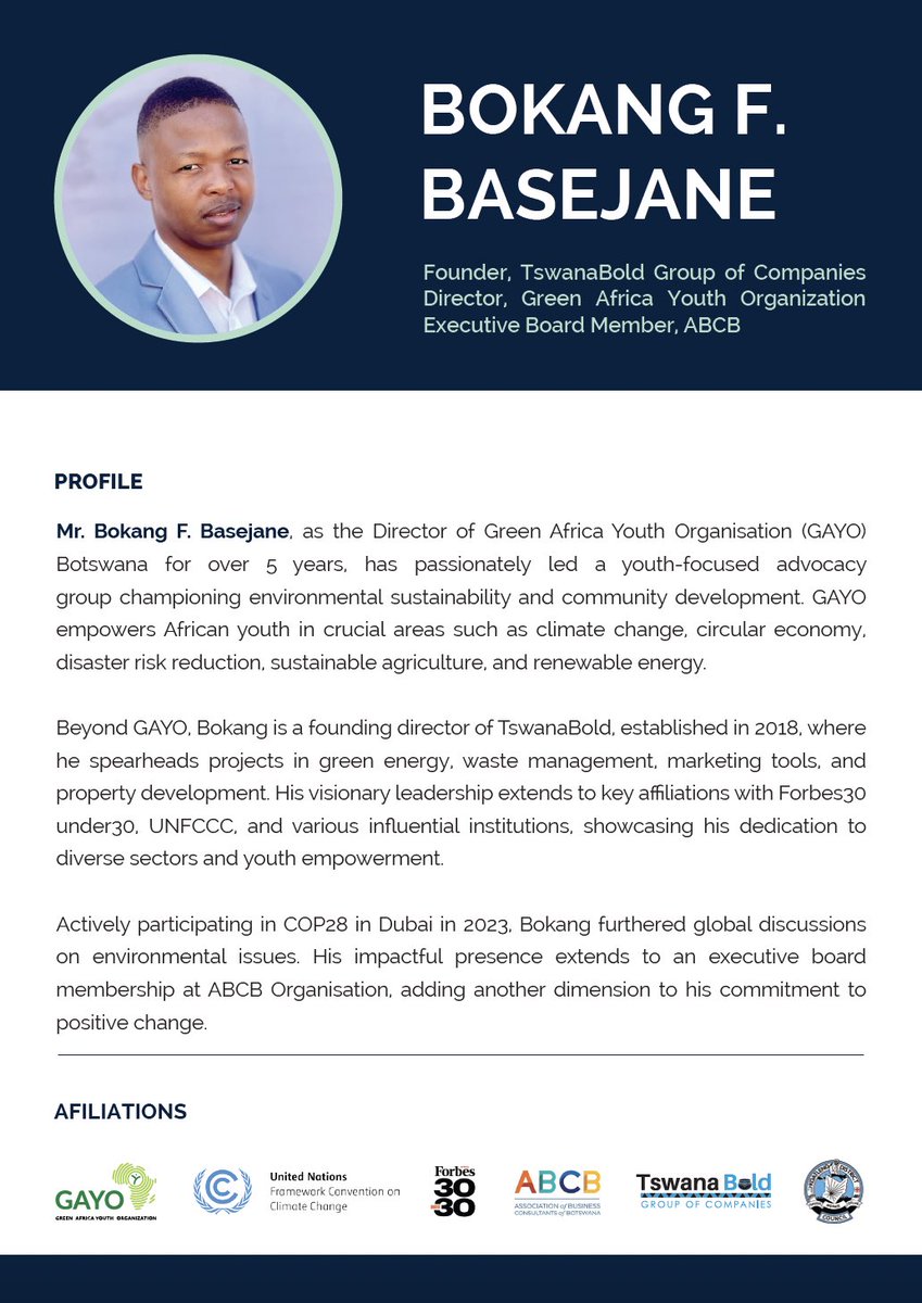 bbasejane2's tweet photo. Bokang F. Basejane, Director of GAYO in Botswana, leads youth initiatives in sustainability, climate, and renewable energy. Founder of TswanaBold, he's affiliated with Forbes30 under30, UNFCCC, and active in COP28. Executive board member at ABCB Organisation.#Leadership#sdgs2030 https://t.co/ajaR6nK6Rr