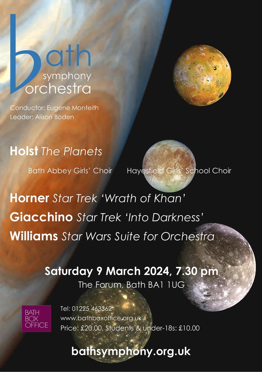 Bath Symphony Orchestra Spring Concert: 9 March Join an out of this world music extravaganza at @TheForumBath with @bathabbey & @HGSBath choirs Book @bathboxoffice bathboxoffice.org.uk/whats-on/bath-… #music #planets #starwars #maytheforcebewithyou Please share @TotalBath @WeLoveBath