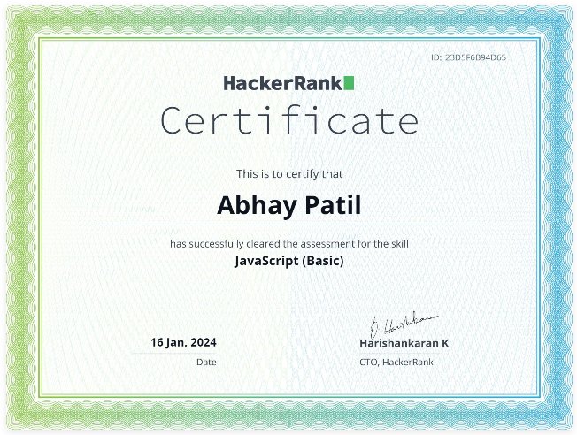 FreakishAbhii's tweet image. Navigated the code maze with precision and conquered the HackerRank JavaScript (Basics) assessment like a digital maestro! ๐ป #JavaScriptJourney #HackerRankSuccess #javascriptlearning