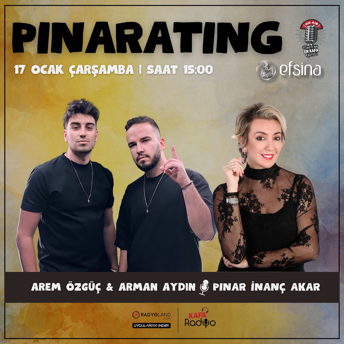 🎙️ @armanaydin & @aremozguc Pınarating’e konuk oluyor ☕️ 📌 Efsina’nın sunduğu Pınar İnanç Akar ile Pınarating, bugün saat 15.00’te KAFA Radyo’da sizlerle 📻 ☺️ @pinarating @efsinasalt #KAFARadyo #Pınarating #ArmanAydın #AremÖzgüç #Radyoland