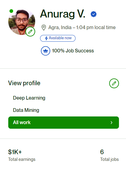 anurag_629's tweet photo. π Just hit $1K on @Upwork! π Big thanks to awesome clients and cool projects. Super grateful for the journey so far! π Excited for more success ahead! πΌπͺ #UpworkWin #FreelanceGoals #ExcitingTimes #buildinpublic #DataScience #deeplearning #MachineLearning #Python #WebScraping https://t.co/qlz1SxeqGj