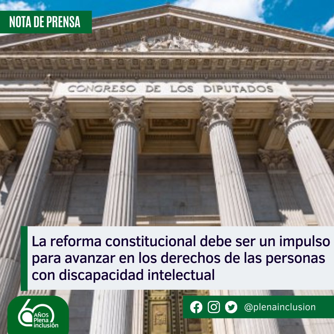 NOTA DE PRENSA. La reforma constitucional debe ser un impulso para avanzar en los derechos de las personas con discapacidad intelectual

🏛️Mañana, el Congreso vota el cambio de la palabra  “disminuidos” por “personas con discapacidad”

⬇️ Enlace
plenainclusion.org/noticias/la-re…