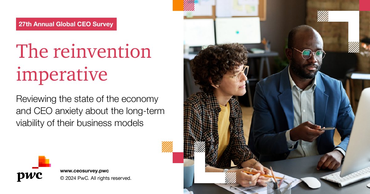 Economic optimism has doubled year-on-year, yet almost half of CEOs do not believe their businesses will be viable in a decade without reinvention. Explore our 27th Annual Global CEO Survey in full: ow.ly/tVOX50QrzIZ 

#CEOSurvey