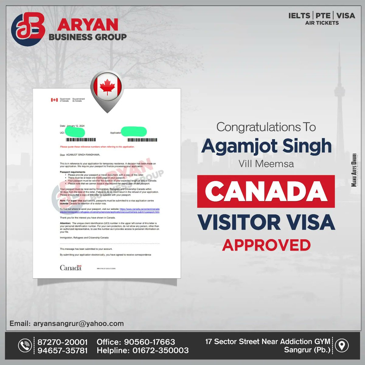 iiderjit's tweet photo. ਸਿਰਫ ਇੱਕ ਦਿਨ ਚ ਕੈਨੇਡਾ ਦੇ 5 ਵਿਜ਼ਿਟਰ ਵੀਜ਼ਾ ਲੱਗਣ ਤੇ ਸਾਰੇ ਵੀਜ਼ਾ ਧਾਰਕਾਂ ਨੂੰ ਬਹੁਤ ਬਹੁਤ ਮੁਬਾਰਕਾਂ Big Congratulations Aryan Business Group IELTS/PTE/VISA. 17 Sector Street https://t.co/4TkEft8jzZ -01672_350003 https://t.co/fqDwdoawVs