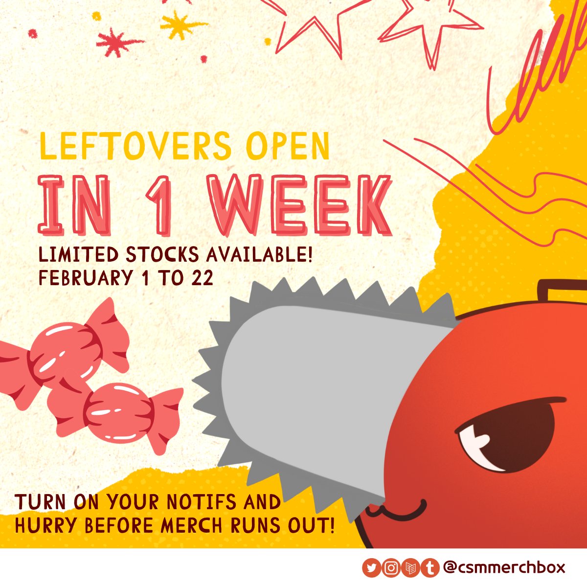 ✨1 week before we reopen for leftovers!✨

Have you turned on your notifications? You better do it soon or we might run out of goodies for you!!

#csm #pochita #ポチタ #チェンソーマン