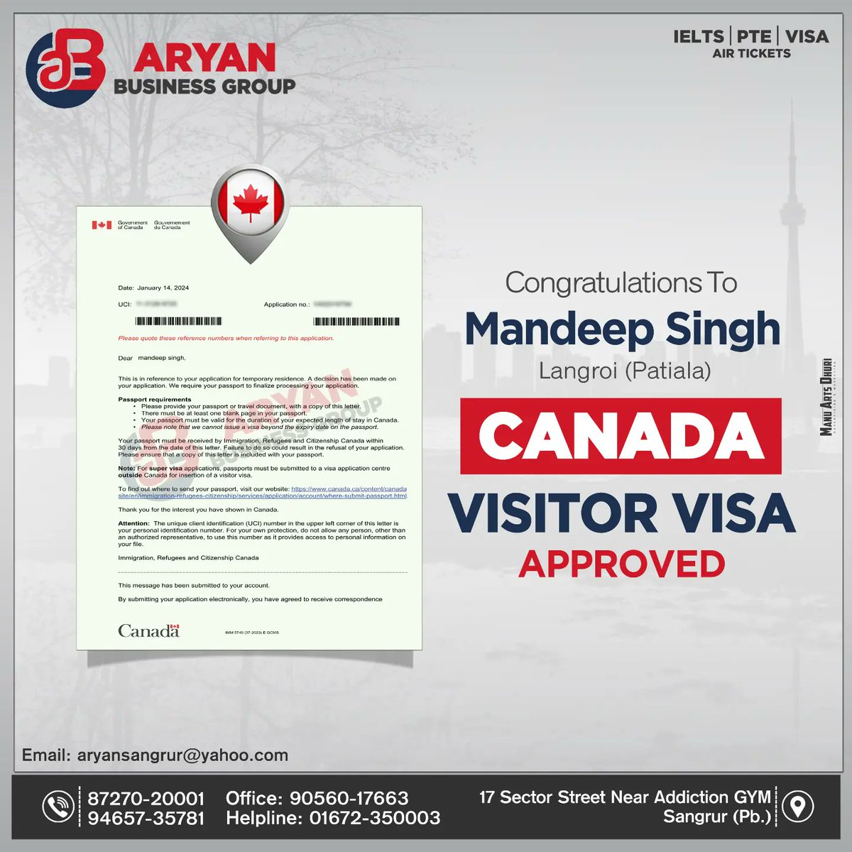 iiderjit's tweet photo. ਸਿਰਫ ਇੱਕ ਦਿਨ ਚ ਕੈਨੇਡਾ ਦੇ 2 ਵਿਜ਼ਿਟਰ ਵੀਜ਼ਾ ਲੱਗਣ ਤੇ ਸਾਰੇ ਵੀਜ਼ਾ ਧਾਰਕਾਂ ਨੂੰ ਬਹੁਤ ਬਹੁਤ ਮੁਬਾਰਕਾਂ Big Congratulations Aryan Business Group IELTS/PTE/VISA. 17 Sector Street https://t.co/4TkEft8jzZ -01672_350003 https://t.co/kJQNCIBzE2