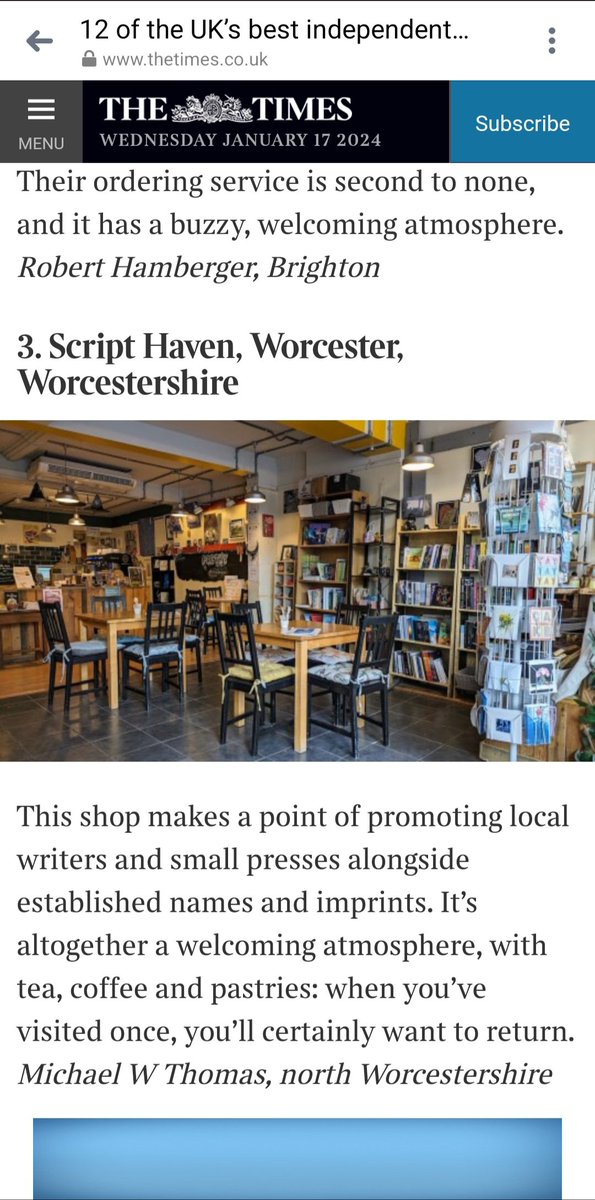 We've made it to number 3 on the UK's best independent bookshops in the Times this morning!!!! 😭😁❤️

thetimes.co.uk/article/uks-be…

@thetimes #Worcestershirehour #Worcester #Independentbookshop #Giftshop #Communityhub #Eventvenue #Coffeeshop @WorcesterHour