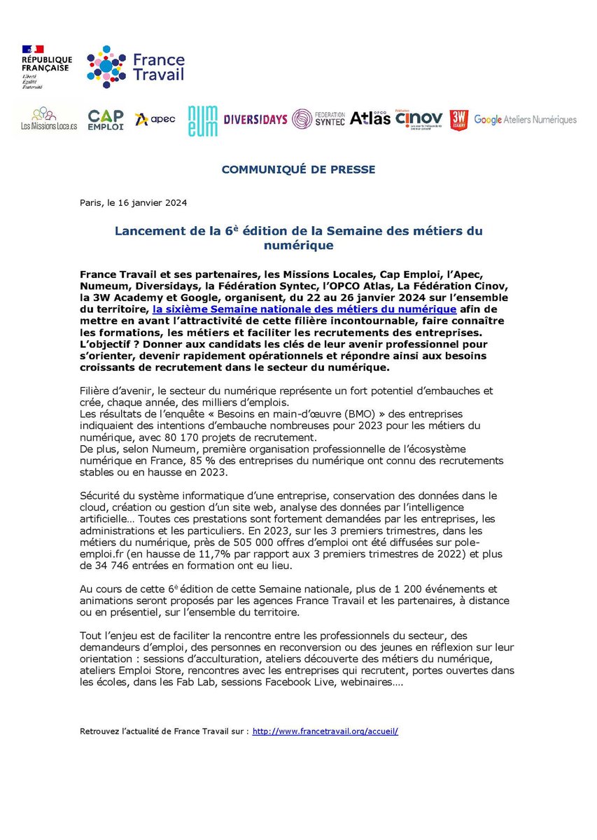 [Communiqué de #presse] 6e édition de la Semaine des métiers du #numérique 📣

🗓️ + de 1 200 événements organisés sur l’ensemble du #territoire par France Travail et ses partenaires 🤝

Lire en intégralité ➡️ francetravail.org/accueil/commun… <a href="/Travail_Gouv/">Ministère du Travail</a> <a href="/Cheopsconseil/">CHEOPS</a> #AvecFranceTravail